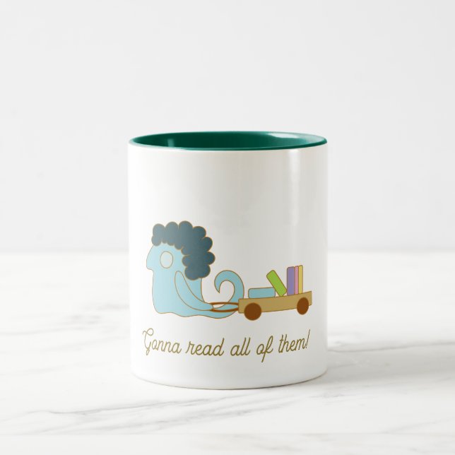 Cute blue monster with a book cart Two-Tone coffee mug (Center)