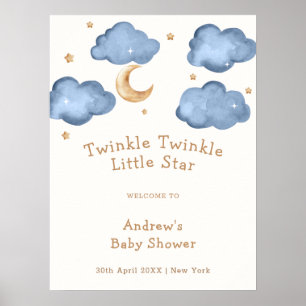 Cute Blue Moon Stars Twinkle Baby Shower Welcome  Poster