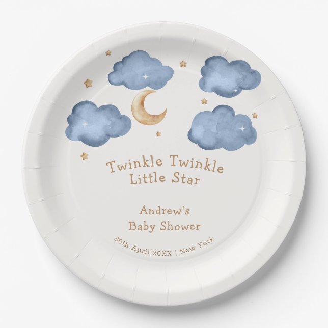 Cute Blue Moon Stars Twinkle Twinkle Baby Shower  Paper Plate (Front)