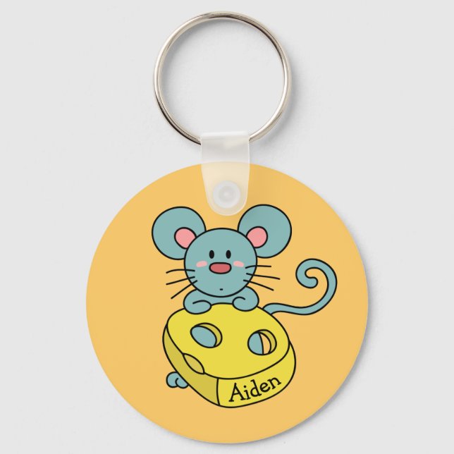 Cute Blue Mouse and Cheese Kids Personalised Key Ring (Front)