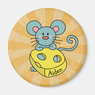 Cute Blue Mouse and Cheese Personalised Magnet