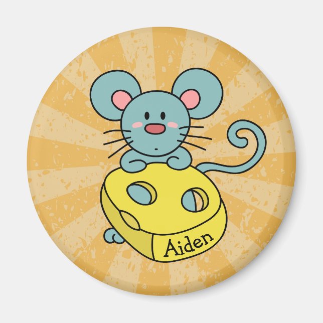 Cute Blue Mouse and Cheese Personalised Magnet (Front)