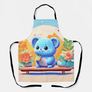 Cute Blue Mouse with Flowers Apron