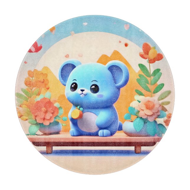 Cute Blue Mouse with Flowers Cutting Board (Front)
