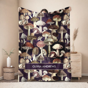 Cute blue mushroom fungi garden pattern fleece blanket