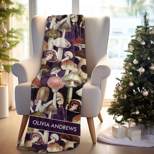 Cute blue mushroom fungi garden pattern fleece blanket (Creator Uploaded)