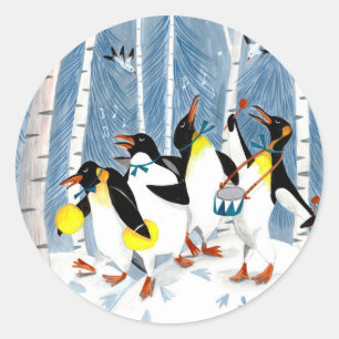 Cute blue musicians penguins snow fun holiday card classic round sticker