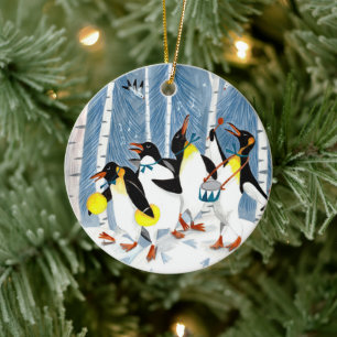 Cute blue musicians penguins snow fun holiday  ceramic tree decoration