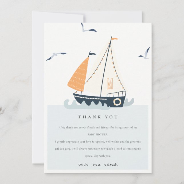 Cute Blue Nautical Sailboat Pastel Baby Shower Thank You Card (Front)
