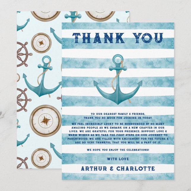 Cute Blue Nautical Sailor Watercolour Baby Shower Thank You Card (Front/Back)