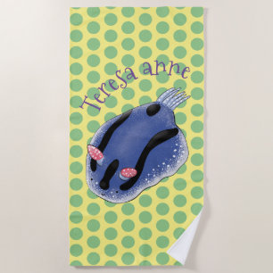 Cute blue nudibranch sea slug cartoon illustration beach towel