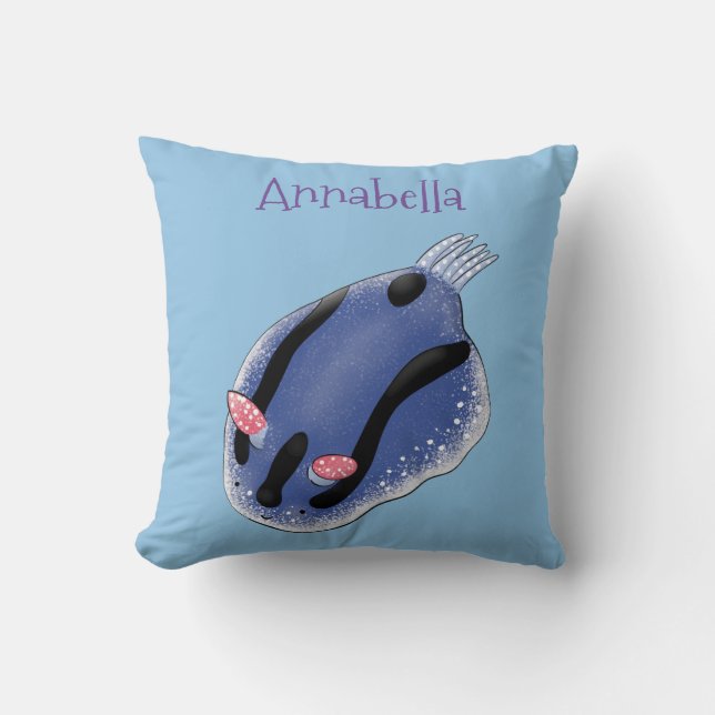 Cute blue nudibranch sea slug cartoon illustration cushion (Front)