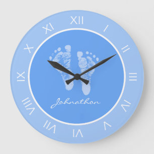 Cute Blue Nursery Footprints With Baby Boy Name Large Clock