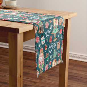 Cute blue nutcracker christmas cookies backing short table runner