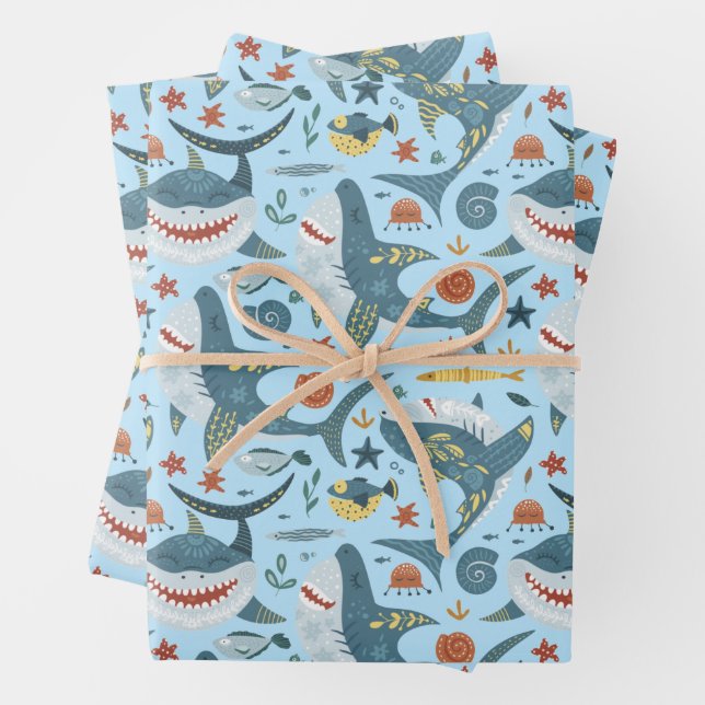 Cute Blue Ocean Baby Sharks Kids Birthday Boy Gift Wrapping Paper Sheet (In situ)