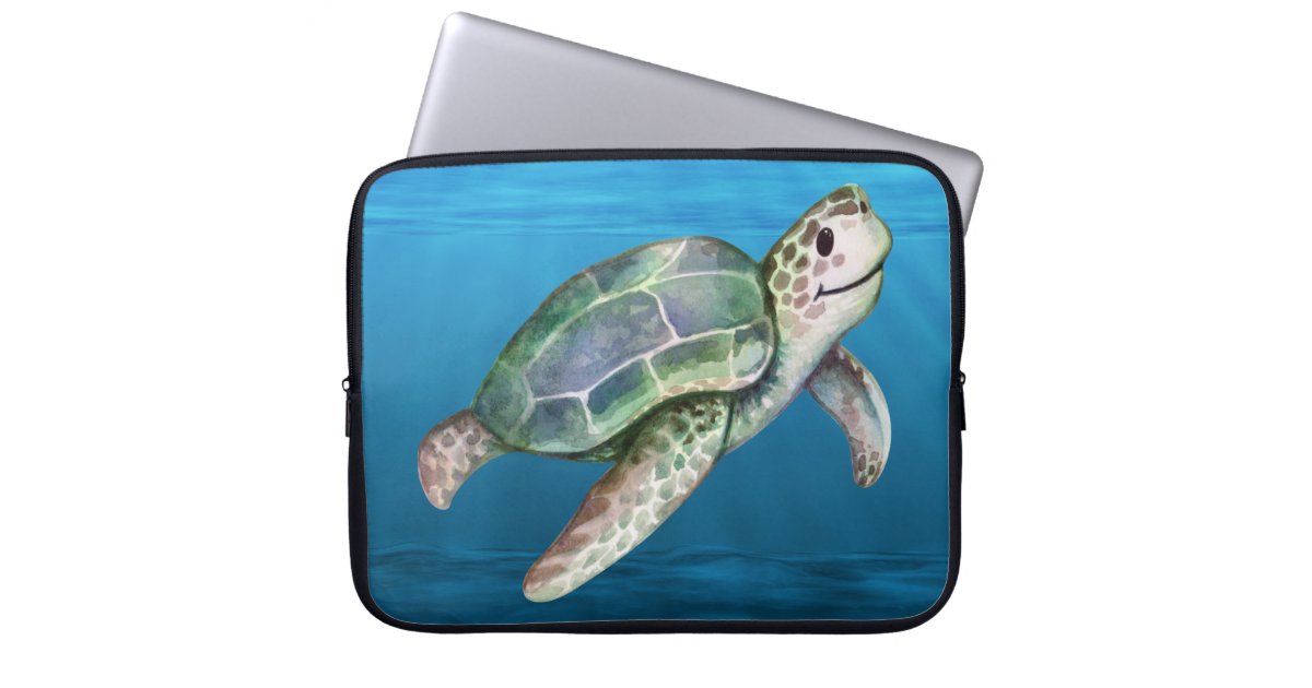 Cute Blue Ocean Happy Green Turtle Laptop Sleeve | Zazzle