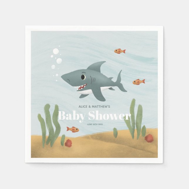 Cute Blue Ocean Sea Shark Boys Baby Shower Napkin (Front)