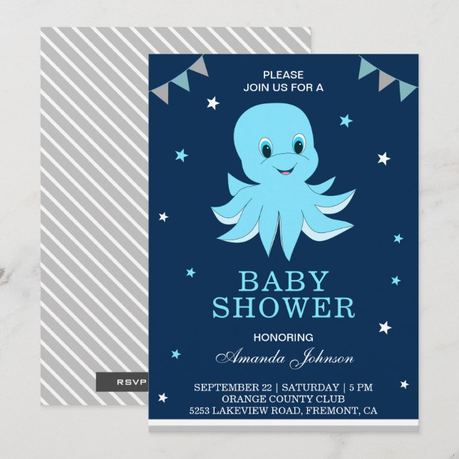 Cute Blue Octopus Baby Shower Invitation (Front/Back)