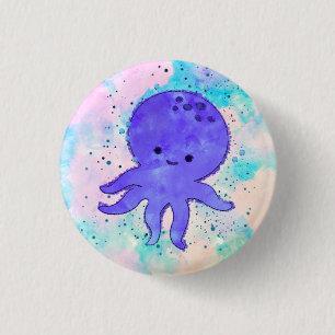 Cute Blue Octopus Cartoon Watercolor 3 Cm Round Badge