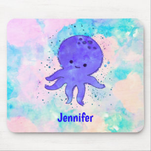 Cute Blue Octopus Cartoon Watercolor Custom Name Mouse Mat