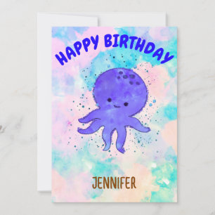 Cute Blue Octopus Cartoon Watercolor Invitation
