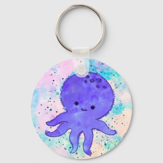 Cute Blue Octopus Cartoon Watercolor Key Ring (Front)