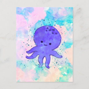 Cute Blue Octopus Cartoon Watercolor Postcard