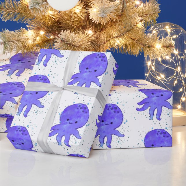 Cute Blue Octopus Cartoon Watercolor Wrapping Paper (Holidays)
