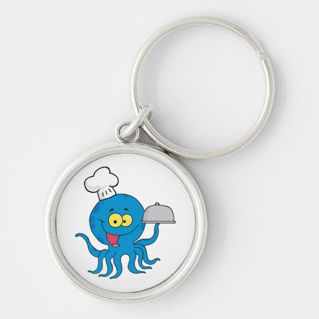 cute blue octopus chef with serving platter key ring (Front)