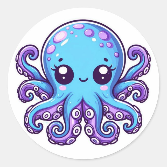 Cute blue octopus classic round sticker (Front)