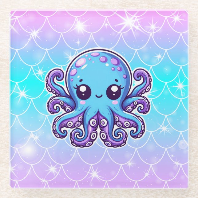 Cute blue octopus glass coaster (Front)