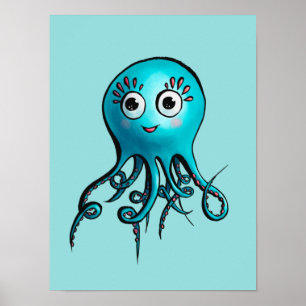 Cute Blue Octopus - Kawaii Cartoon Sea Animal Kids Poster