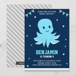 Cute Blue Octopus Kids Birthday Party Invitation