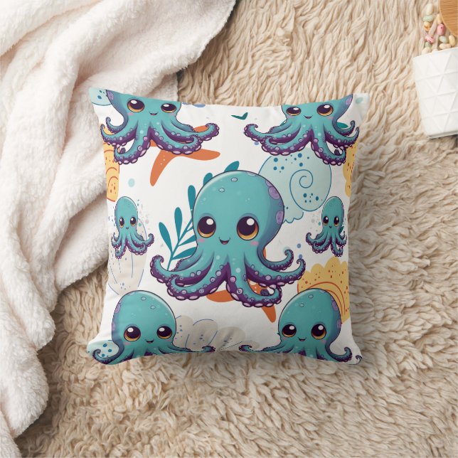 Cute Blue Octopus Print Cushion (Blanket)