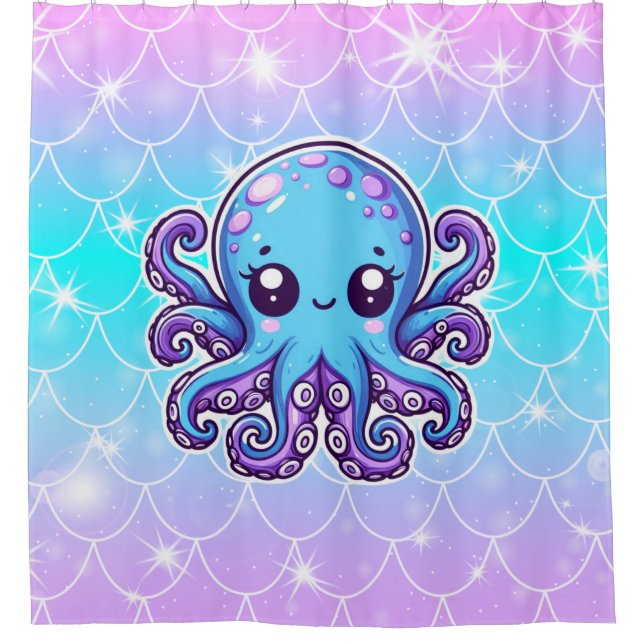 Cute blue octopus shower curtain (Front)