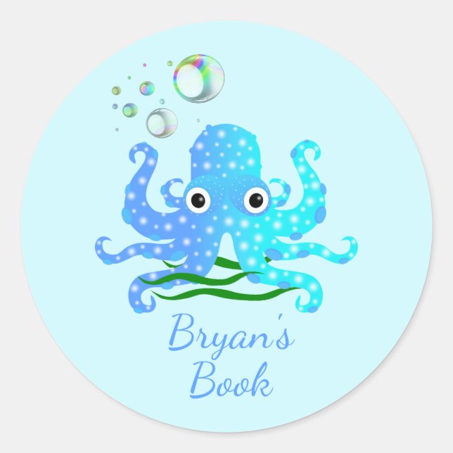 Cute Blue Octopus with Bubbles Nautical Book Plate Classic Round Sticker (Front)