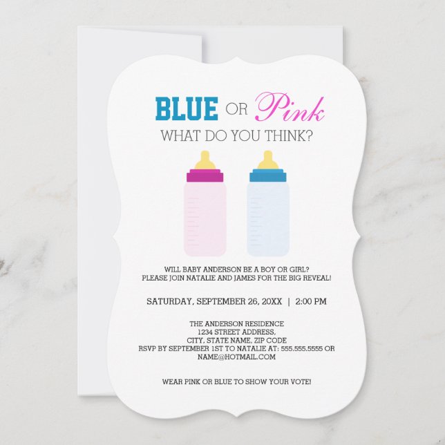 Cute Blue or Pink Baby Bottle Gender Reveal Party Invitation (Front)