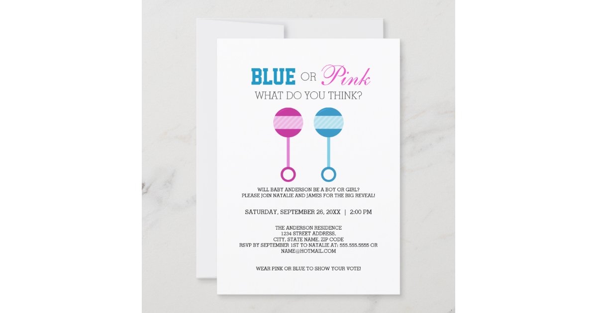 Cute Blue or Pink Baby Rattle Gender Reveal Party Invitation | Zazzle