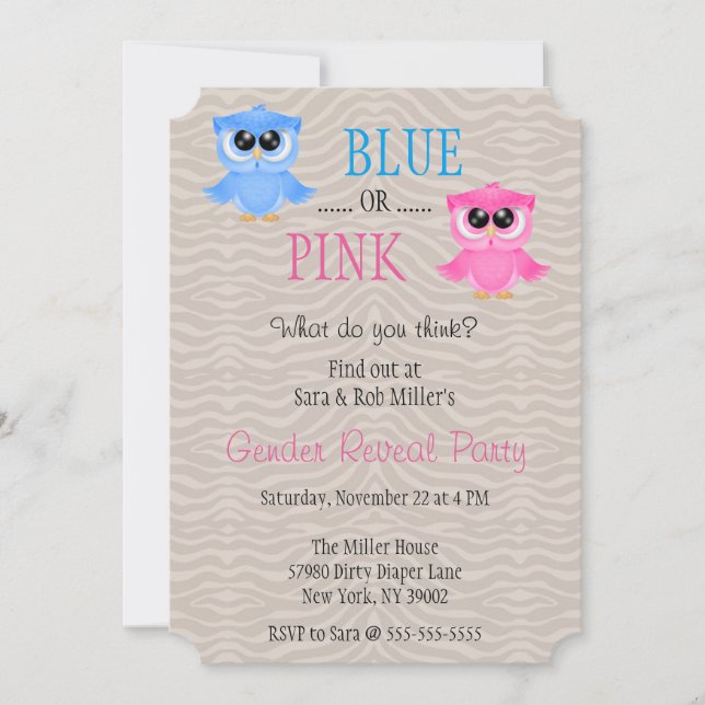 Cute Blue or Pink Owl Gender Reveal Invite (Front)
