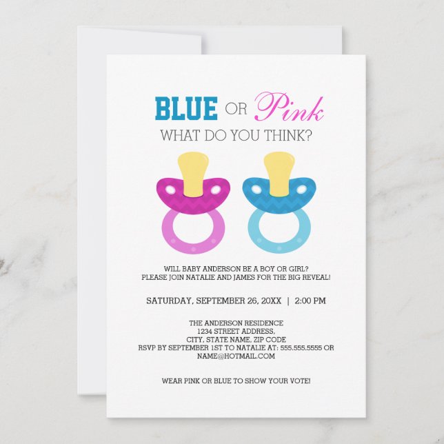Cute Blue or Pink Pacifier Gender Reveal Party Invitation (Front)