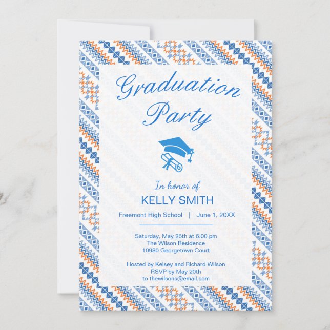 Cute blue orange Aztec Tribal graduation party Invitation (Front)