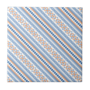 Cute blue orange Aztec Tribal Motif Pattern Tile