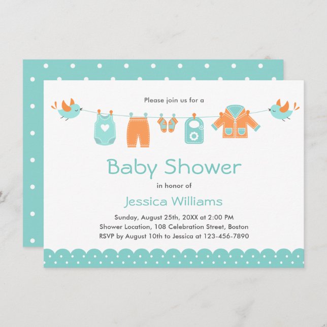 Cute Blue Orange Clothes | Boy Baby Shower Invitation (Front/Back)