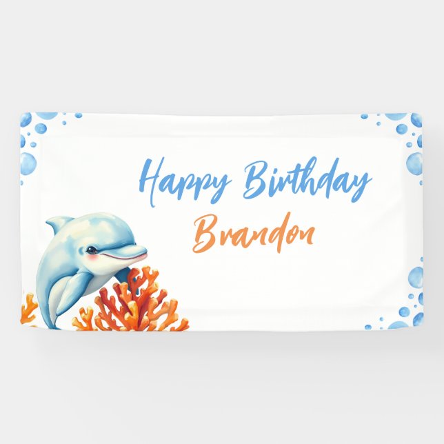 Cute Blue & Orange Coral Dolphin Kids Birthday Banner (Horizontal)