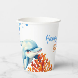 Cute Blue & Orange Coral Dolphin Kids Birthday Paper Cups