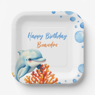 Cute Blue & Orange Coral Dolphin Kids Birthday Paper Plate