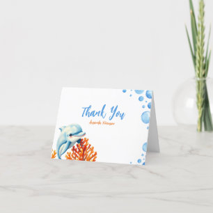 Cute Blue & Orange Coral Dolphin Kids Birthday Thank You Card
