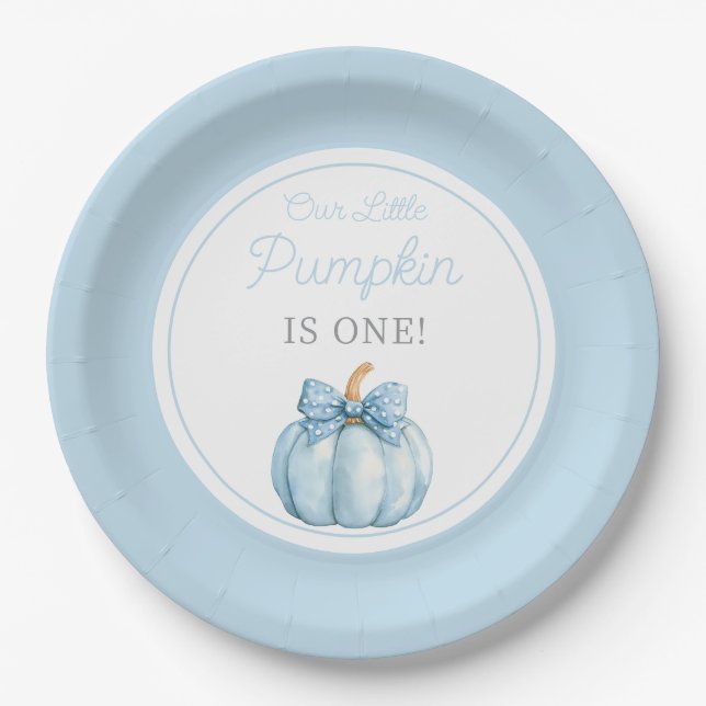 Cute Blue Our Little Pumpkin Boy First Birthday Paper Plate (Front)
