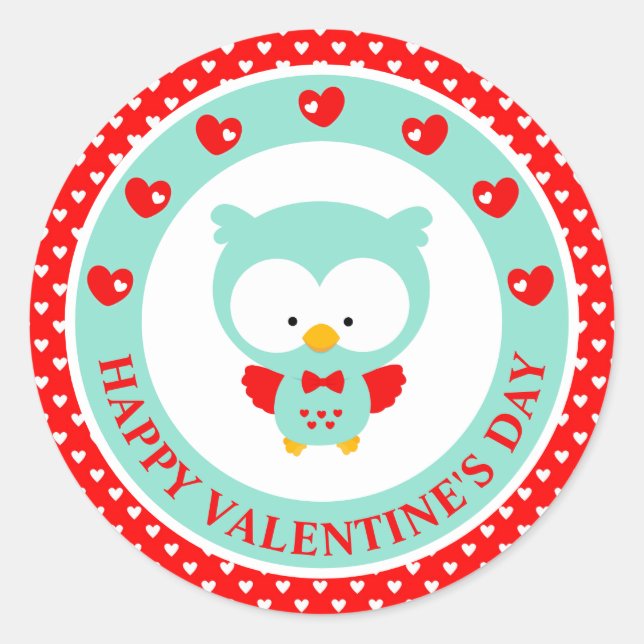 Cute Blue Owl and Hearts Valentine's Day Classic Round Sticker (Front)