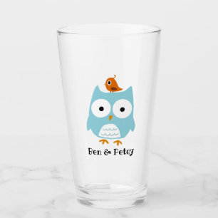 Cute Blue Owl and Little Bird Personalised Glass